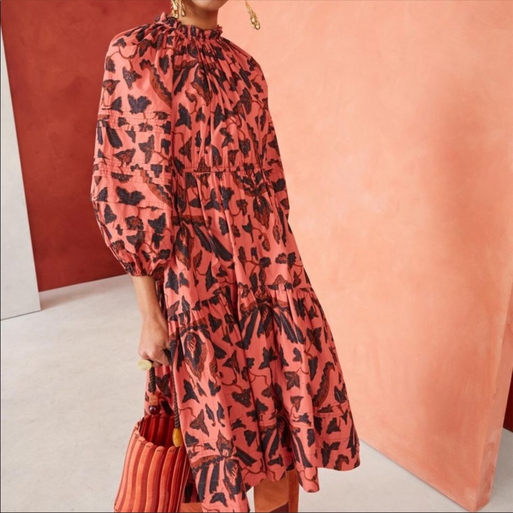 Ulla Johnson Coral and Black Butterfly-Print Midi Dress